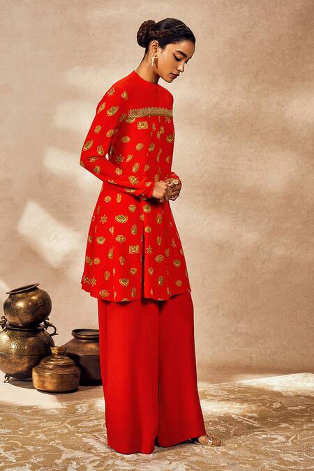 Buy_Masaba_Red Crepe, Silk Sequins, Embroidery Trinkets Printed Anarkali Tunic And Pant Set_Online_at_Aza_Fashions