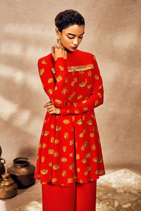 Shop_Masaba_Red Crepe, Silk Sequins, Embroidery Trinkets Printed Anarkali Tunic And Pant Set_Online_at_Aza_Fashions