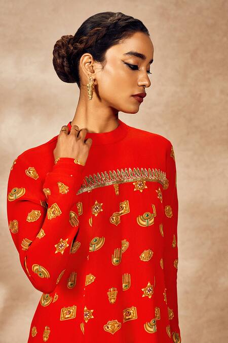 Masaba_Red Crepe, Silk Sequins, Embroidery Trinkets Printed Anarkali Tunic And Pant Set_at_Aza_Fashions