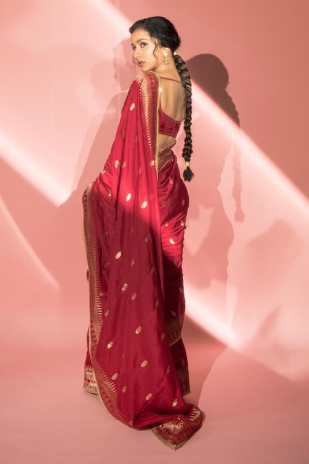 Masaba Red Saree Jacquard Silk Embroidery Haath Pattern With Unstitched Blouse Fabric 