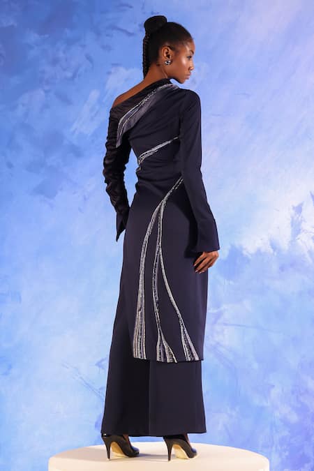 Shop Orthodox Blue Crepe Embroidery Asymmetric Ecalt Draped Dress at Aza Fashions Shop_Orthodox_Blue Crepe Embroidery Asymmetric Ecalt Draped Dress _at_Aza_Fashions