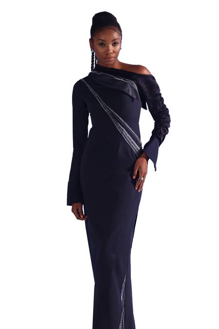 Orthodox Blue Crepe Embroidery Asymmetric Ecalt Draped Dress Online at Aza Fashions Orthodox_Blue Crepe Embroidery Asymmetric Ecalt Draped Dress _Online_at_Aza_Fashions