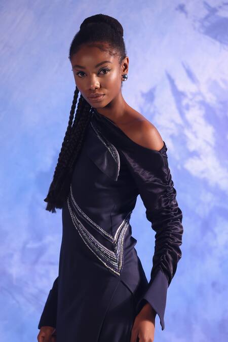 Buy Orthodox Blue Crepe Embroidery Asymmetric Ecalt Draped Dress Online at Aza Fashions Buy_Orthodox_Blue Crepe Embroidery Asymmetric Ecalt Draped Dress _Online_at_Aza_Fashions