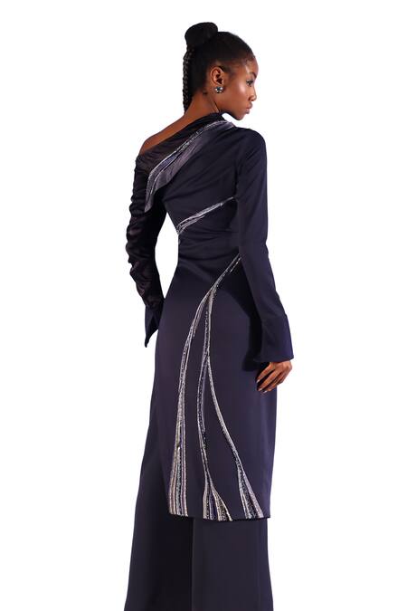 Shop Orthodox Blue Crepe Embroidery Asymmetric Ecalt Draped Dress Online at Aza Fashions Shop_Orthodox_Blue Crepe Embroidery Asymmetric Ecalt Draped Dress _Online_at_Aza_Fashions