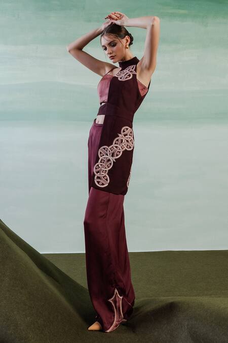 Orthodox Wine Crepe Embroidery Luxe Arch Aari Flared Pant Online at Aza Fashions Orthodox_Wine Crepe Embroidery Luxe Arch Aari Flared Pant _Online_at_Aza_Fashions