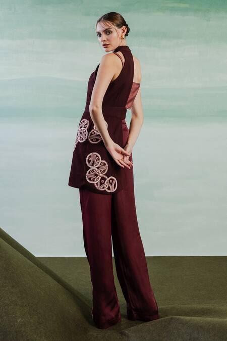 Shop Orthodox Wine Crepe Embroidery Luxe Arch Aari Flared Pant Online at Aza Fashions Shop_Orthodox_Wine Crepe Embroidery Luxe Arch Aari Flared Pant _Online_at_Aza_Fashions