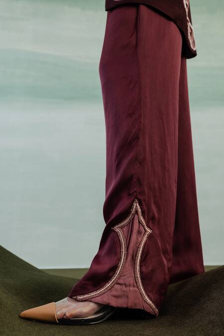 Orthodox Wine Crepe Embroidery Luxe Arch Aari Flared Pant at Aza Fashions Orthodox_Wine Crepe Embroidery Luxe Arch Aari Flared Pant _at_Aza_Fashions