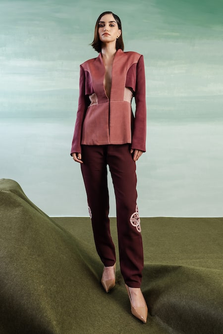 Orthodox_Wine Satin Embroidery Trinitaria Streamline Trouser _Online_at_Aza_Fashions