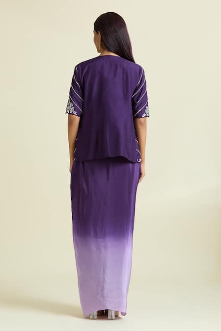 Samyukta Singhania Embellished Floral Jacket Ombre Draped Skirt Set 