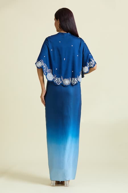 Samyukta Singhania Embellished Scalloped Cape Ombre Draped Skirt Set 