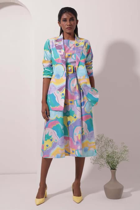 Pop Sugar Multi Color 100% Cotton Printed Abstract Lapel Notched Art Blazer With Dress 