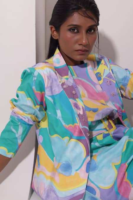 Pop Sugar_Multi Color Cotton Sequins, Beads Collared Abstract Art Print Blazer With Dress _Online_at_Aza_Fashions
