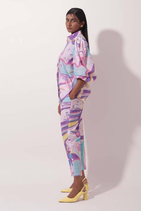 Pop Sugar_Multi Color Cotton Beads Collared Pop Sugar Abstract Print Shirt With Pant _Online_at_Aza_Fashions