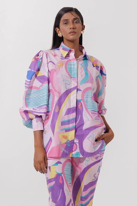 Buy_Pop Sugar_Multi Color Cotton Beads Collared Pop Sugar Abstract Print Shirt With Pant _Online_at_Aza_Fashions