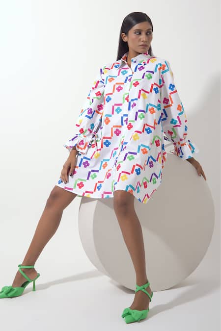 Shop Pop Sugar Multi Color Cotton Collared Floral Art Print Shirt Dress at Aza Fashions Shop_Pop Sugar_Multi Color Cotton Collared Floral Art Print Shirt Dress _at_Aza_Fashions