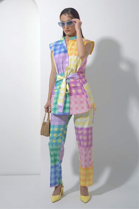 Shop Pop Sugar Multi Color Cotton Round Neck Vibrant Checked Top With Pant at Aza Fashions Shop_Pop Sugar_Multi Color Cotton Round Neck Vibrant Checked Top With Pant _at_Aza_Fashions