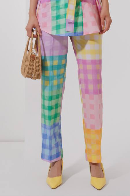 Buy Pop Sugar Multi Color Cotton Round Neck Vibrant Checked Top With Pant Online at Aza Fashions Buy_Pop Sugar_Multi Color Cotton Round Neck Vibrant Checked Top With Pant _Online_at_Aza_Fashions