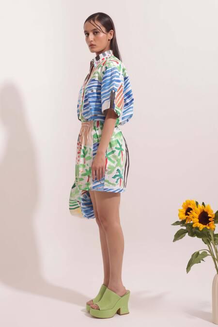 Pop Sugar Multi Color Cotton Collared Vibrant Art Print Shirt With Shorts Online at Aza Fashions Pop Sugar_Multi Color Cotton Collared Vibrant Art Print Shirt With Shorts _Online_at_Aza_Fashions