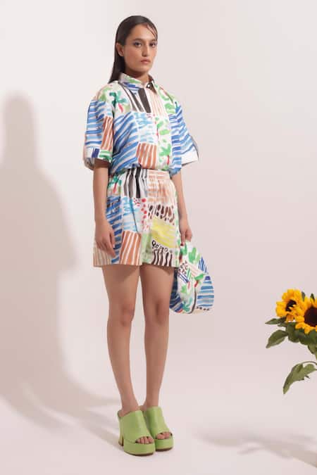 Shop Pop Sugar Multi Color Cotton Collared Vibrant Art Print Shirt With Shorts at Aza Fashions Shop_Pop Sugar_Multi Color Cotton Collared Vibrant Art Print Shirt With Shorts _at_Aza_Fashions