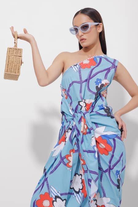 Shop Pop Sugar Multi Color Cotton Sequins, Embroidery One Shoulder Art Print Midi Dress at Aza Fashions Shop_Pop Sugar_Multi Color Cotton Sequins, Embroidery One Shoulder Art Print Midi Dress _at_Aza_Fashions