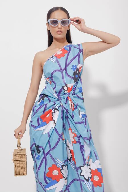 Pop Sugar Multi Color Cotton Sequins, Embroidery One Shoulder Art Print Midi Dress Online at Aza Fashions Pop Sugar_Multi Color Cotton Sequins, Embroidery One Shoulder Art Print Midi Dress _Online_at_Aza_Fashions