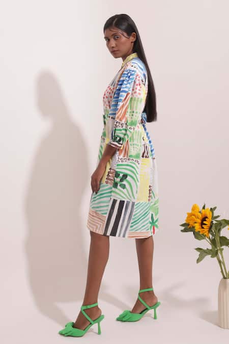 Shop Pop Sugar Multi Color Cotton Buckles Round Neck Abstract Art Print Short Dress at Aza Fashions Shop_Pop Sugar_Multi Color Cotton Buckles Round Neck Abstract Art Print Short Dress _at_Aza_Fashions