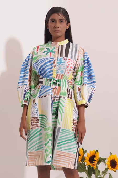 Pop Sugar Multi Color Cotton Buckles Round Neck Abstract Art Print Short Dress Online at Aza Fashions Pop Sugar_Multi Color Cotton Buckles Round Neck Abstract Art Print Short Dress _Online_at_Aza_Fashions