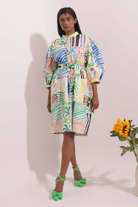 Shop Pop Sugar Multi Color Cotton Buckles Round Neck Abstract Art Print Short Dress Online at Aza Fashions Shop_Pop Sugar_Multi Color Cotton Buckles Round Neck Abstract Art Print Short Dress _Online_at_Aza_Fashions