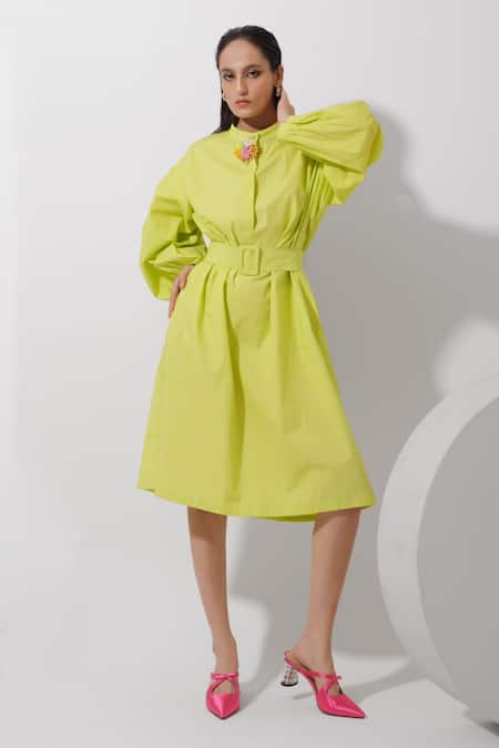 Pop Sugar Green 100% Cotton Embellishment Sequin Closed Round Gathered Sleeve Midi Dress 