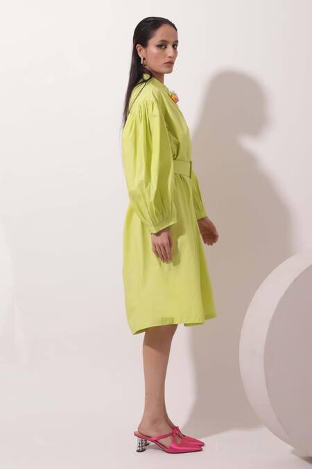 Pop Sugar Green Cotton Sequins, Beads, Buckles Gathered Sleeve Embellished Midi Dress Online at Aza Fashions Pop Sugar_Green Cotton Sequins, Beads, Buckles Gathered Sleeve Embellished Midi Dress _Online_at_Aza_Fashions