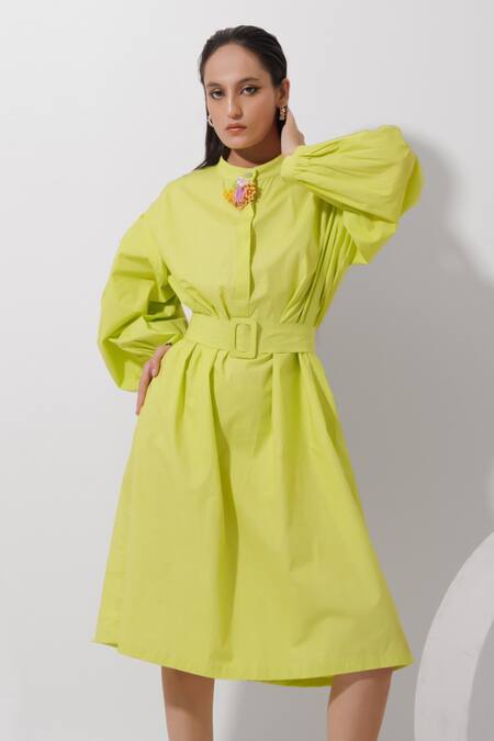 Buy_Pop Sugar_Green Cotton Sequins, Beads, Buckles Gathered Sleeve Embellished Midi Dress _Online_at_Aza_Fashions