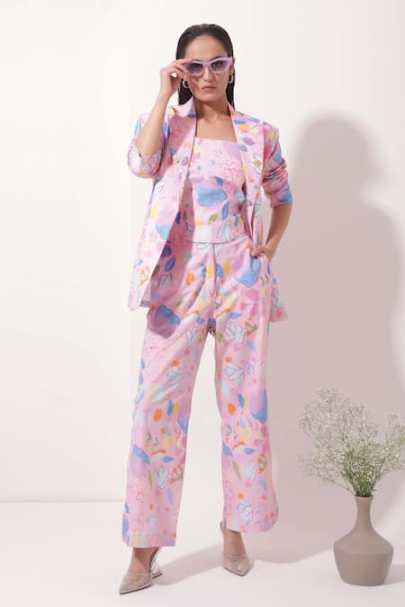 Pop Sugar Abstract Floral Print Blazer With Pant Set 