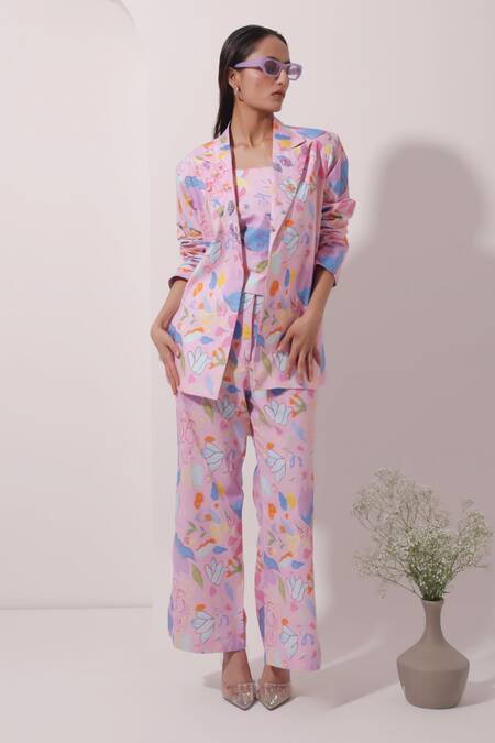 Shop Pop Sugar Multi Color Cotton Sequins, Beads Abstract Floral Print Blazer With Pant Set at Aza Fashions Shop_Pop Sugar_Multi Color Cotton Sequins, Beads Abstract Floral Print Blazer With Pant Set _at_Aza_Fashions