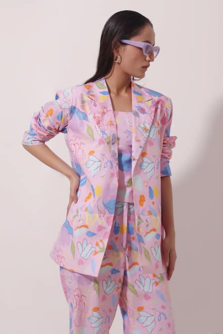 Shop Pop Sugar Multi Color Cotton Sequins, Beads Abstract Floral Print Blazer With Pant Set Online at Aza Fashions Shop_Pop Sugar_Multi Color Cotton Sequins, Beads Abstract Floral Print Blazer With Pant Set _Online_at_Aza_Fashions