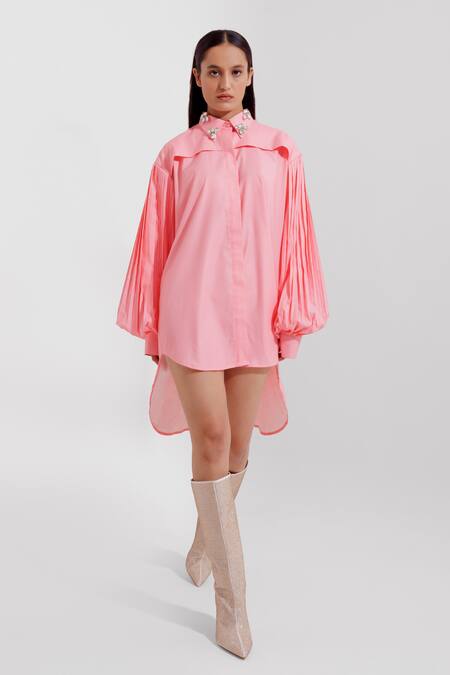 Pop Sugar Pink Polyester Stones Collared Embellishment Classic Shirt Online at Aza Fashions Pop Sugar_Pink Polyester Stones Collared Embellishment Classic Shirt _Online_at_Aza_Fashions
