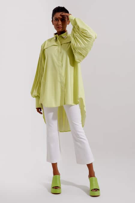 Pop Sugar Green Polyester Embellishment Stone Collar Pleats Sleeve Shirt 