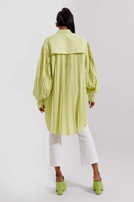 Shop Pop Sugar Green Polyester Stones Collared Embellishment Pleats Sleeve Shirt at Aza Fashions Shop_Pop Sugar_Green Polyester Stones Collared Embellishment Pleats Sleeve Shirt_at_Aza_Fashions
