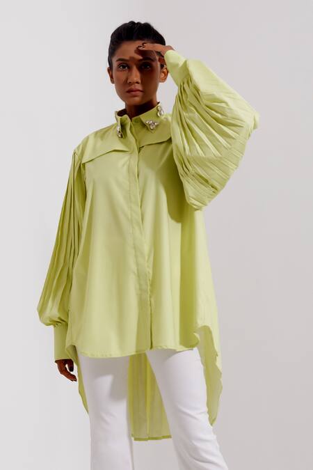 Pop Sugar Green Polyester Stones Collared Embellishment Pleats Sleeve Shirt Online at Aza Fashions Pop Sugar_Green Polyester Stones Collared Embellishment Pleats Sleeve Shirt_Online_at_Aza_Fashions