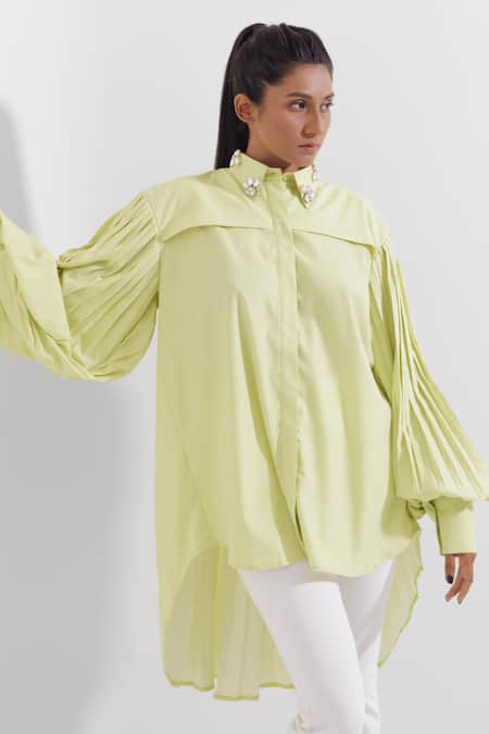 Buy Pop Sugar Green Polyester Stones Collared Embellishment Pleats Sleeve Shirt Online at Aza Fashions Buy_Pop Sugar_Green Polyester Stones Collared Embellishment Pleats Sleeve Shirt_Online_at_Aza_Fashions