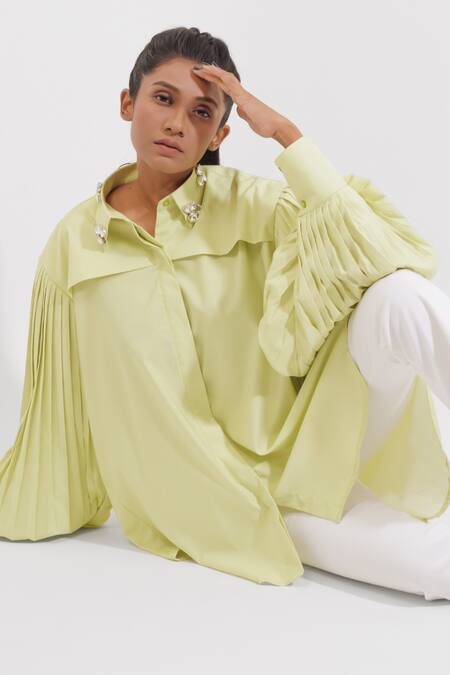 Shop Pop Sugar Green Polyester Stones Collared Embellishment Pleats Sleeve Shirt Online at Aza Fashions Shop_Pop Sugar_Green Polyester Stones Collared Embellishment Pleats Sleeve Shirt_Online_at_Aza_Fashions