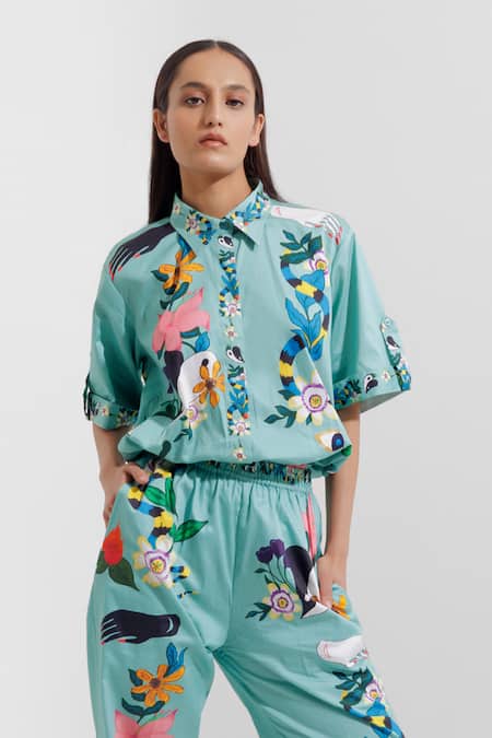 Shop_Pop Sugar_Blue Cotton Satin Printed Quirky Collar Shirt With Pant _at_Aza_Fashions