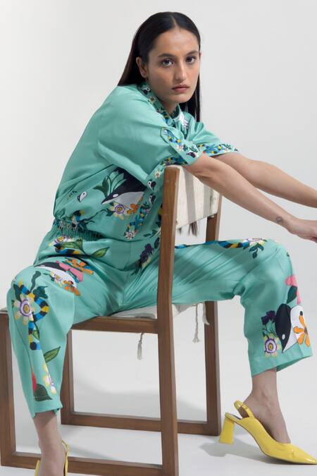 Buy_Pop Sugar_Blue Cotton Satin Printed Quirky Collar Shirt With Pant _Online_at_Aza_Fashions