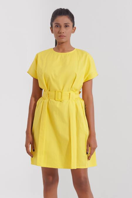 Pop Sugar_Yellow Cotton Round Neck Pleated Little Dress _Online_at_Aza_Fashions