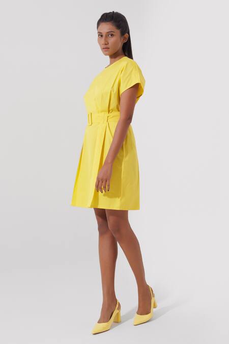 Shop_Pop Sugar_Yellow Cotton Round Neck Pleated Little Dress _Online_at_Aza_Fashions