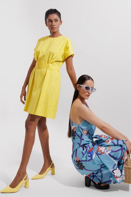 Pop Sugar_Yellow Cotton Round Neck Pleated Little Dress _at_Aza_Fashions