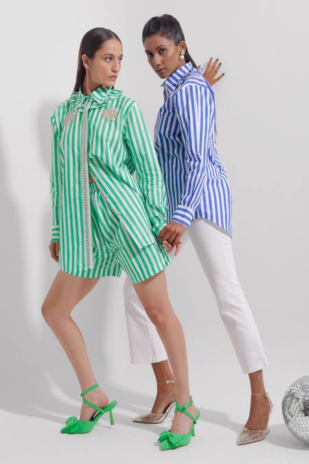 Pop Sugar Emerald Green Cotton Sequins, Beads Collared Floral Embroidered Stripped Shirt Online at Aza Fashions Pop Sugar_Emerald Green Cotton Sequins, Beads Collared Floral Embroidered Stripped Shirt _Online_at_Aza_Fashions