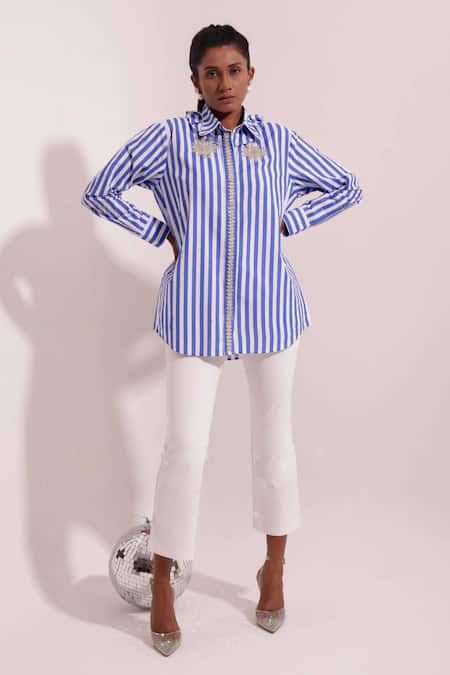 Pop Sugar Blue 100% Cotton Printed Stripped Collar Flora Embroidered Shirt 