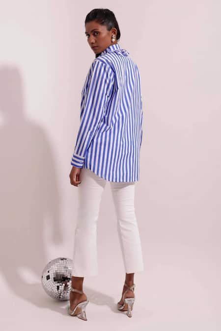 Shop Pop Sugar Blue Cotton Sequins, Beads Collared Flora Embroidered Stripped Shirt at Aza Fashions Shop_Pop Sugar_Blue Cotton Sequins, Beads Collared Flora Embroidered Stripped Shirt _at_Aza_Fashions