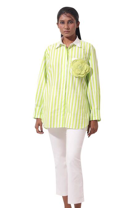Pop Sugar_Green Cotton Embroidery Collared Stripped Floral Patch Pocket Shirt _Online_at_Aza_Fashions