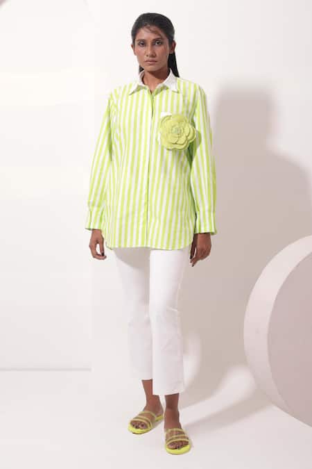 Shop_Pop Sugar_Green Cotton Embroidery Collared Stripped Floral Patch Pocket Shirt _at_Aza_Fashions